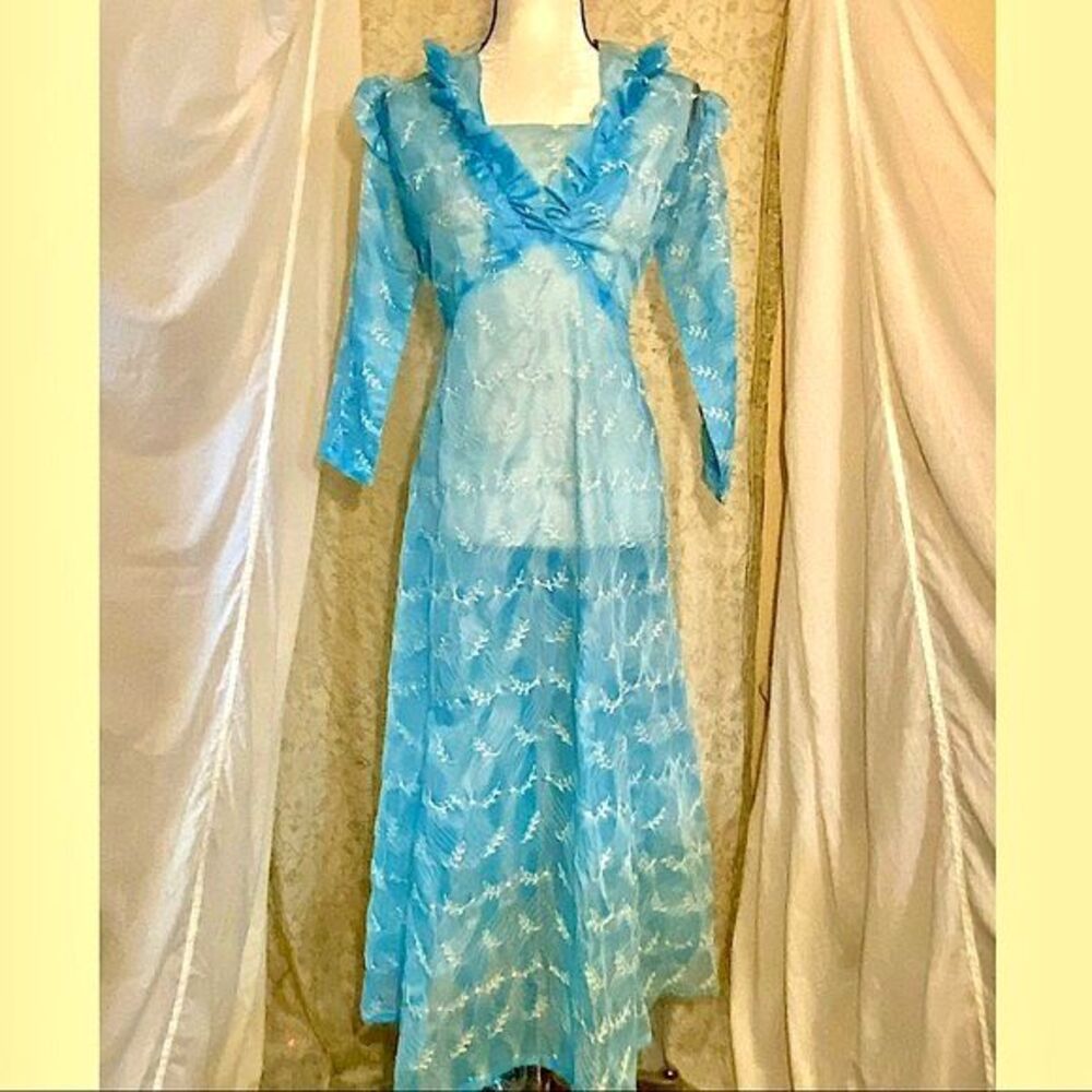 Vintage 70s Sheer Embroidered Maxi Dress Baby Blue Ruffle Empire Waist Gown Sz L